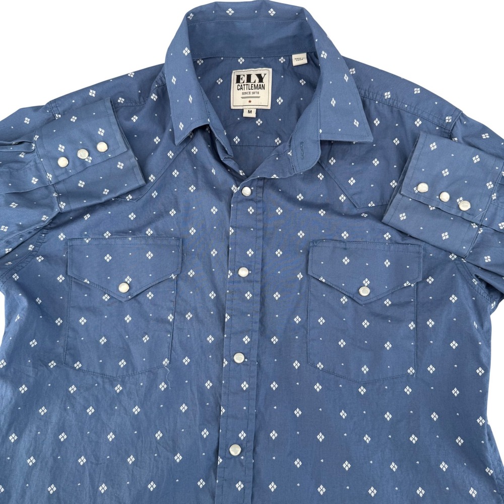 Ely Cattleman Men Blue Geometric Diamond Western Pearl Snap Shirt M 152027036-99